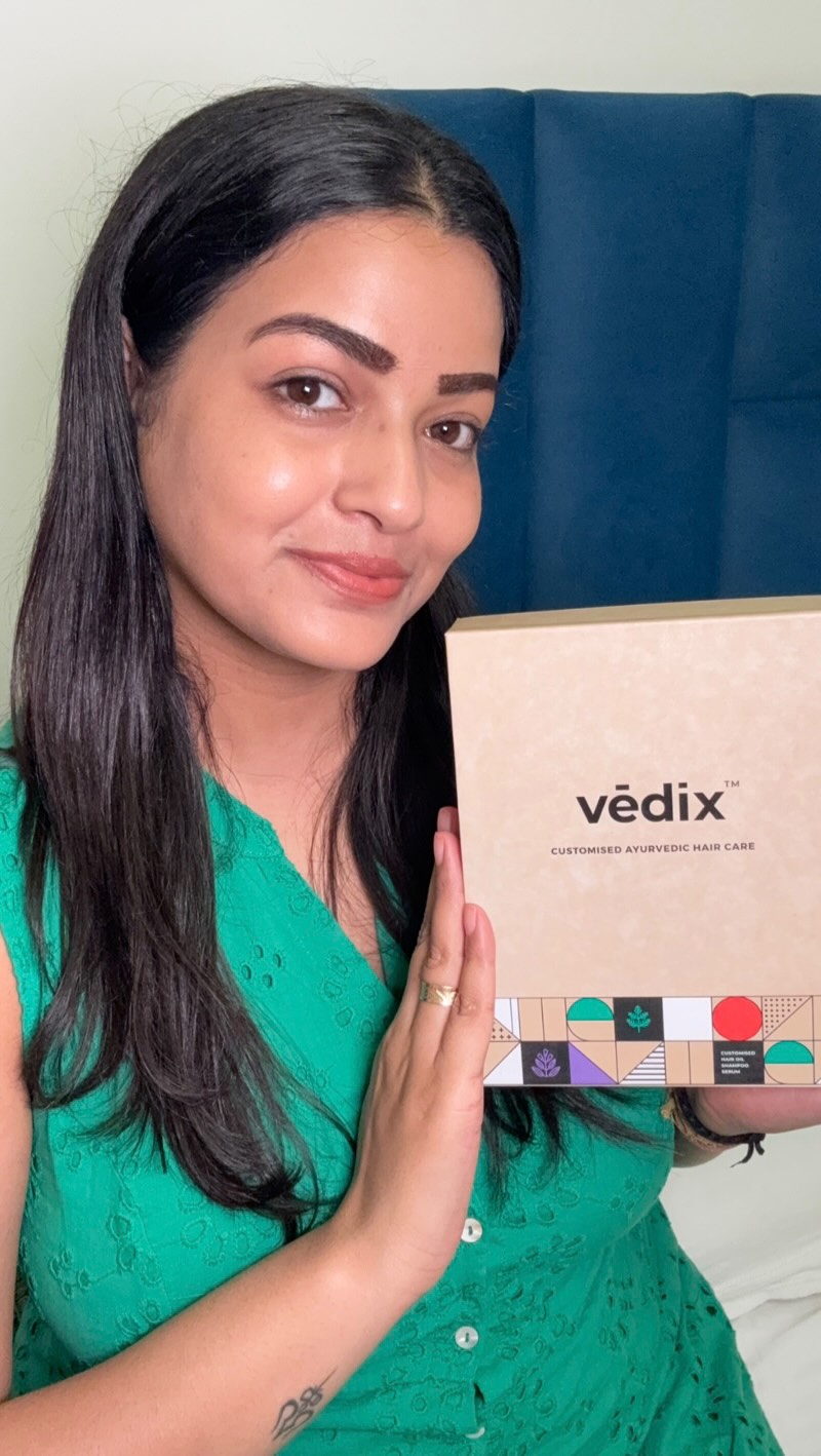 Instagram post by @sand_and_tides for Vedix. Caption reads: 💫 From hair fall to hair confidence —....