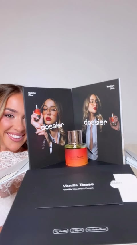Instagram post by @arianabiermann for Dossier. Caption reads: my vanilla dream perfumes 🫶🏻 #dossierpartner....