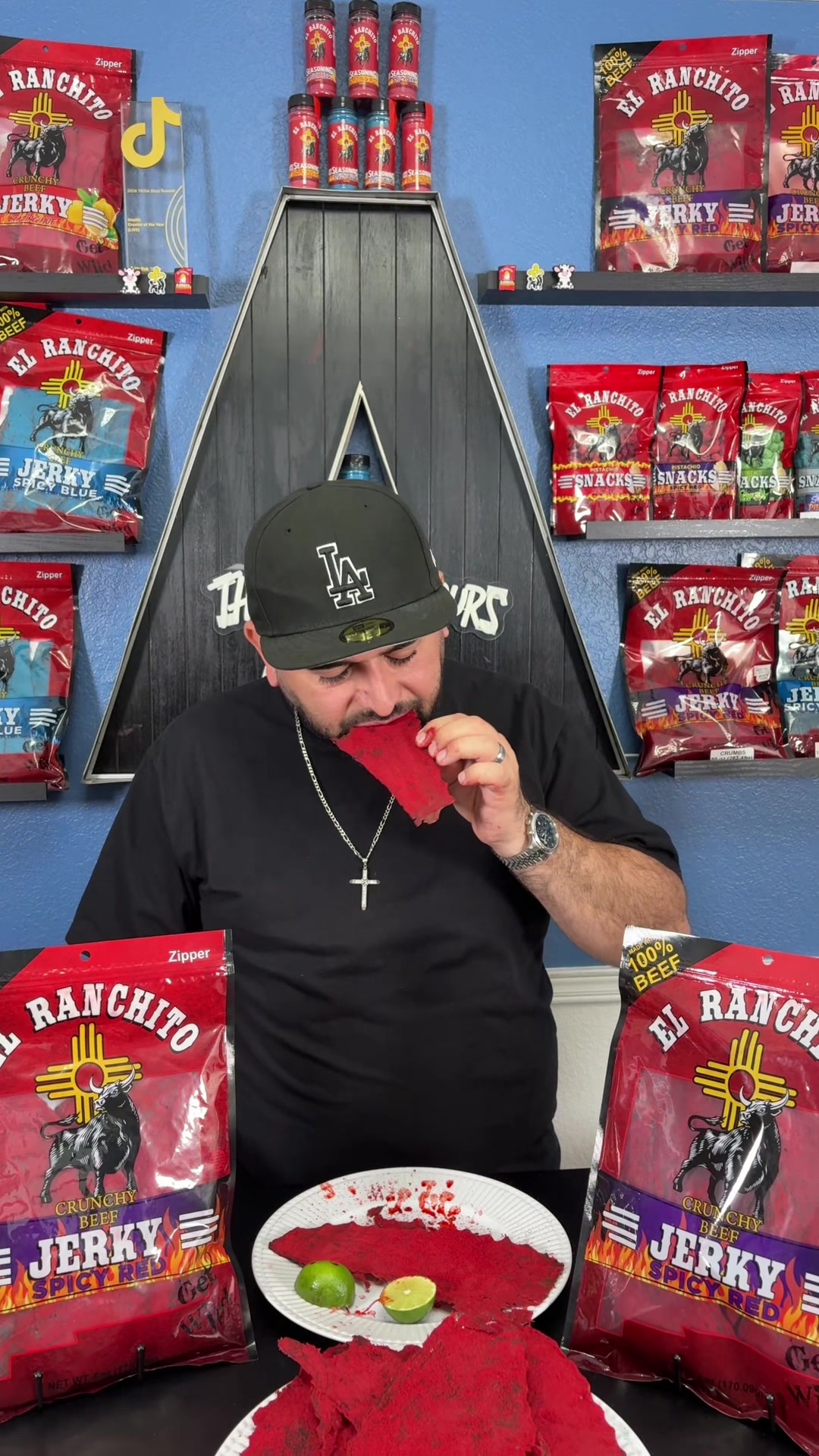 TikTok post by @acostaa.fam for El Ranchito Jerky. Caption reads: Spicy Red in Stock Order yours! 🔥....