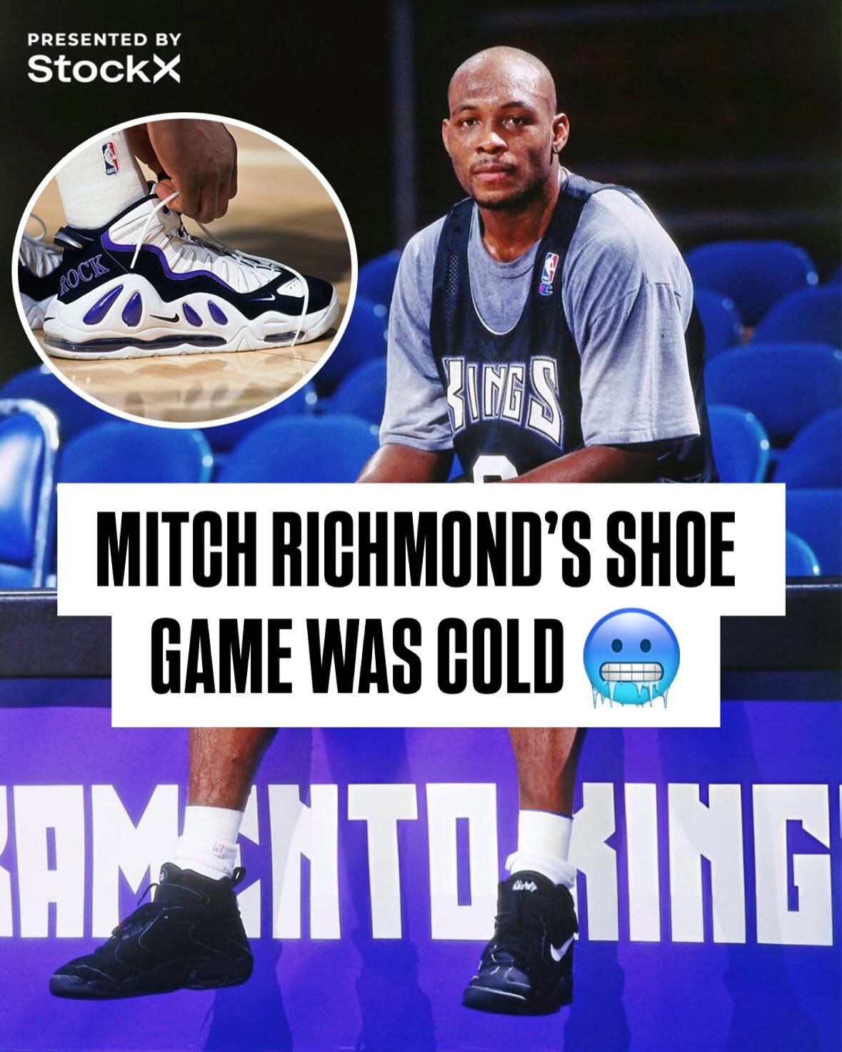 Instagram post by @mitchrockrichmond23 for Stockx. Caption reads: Mitch Richmond’s Nike rotation was ahead of its....