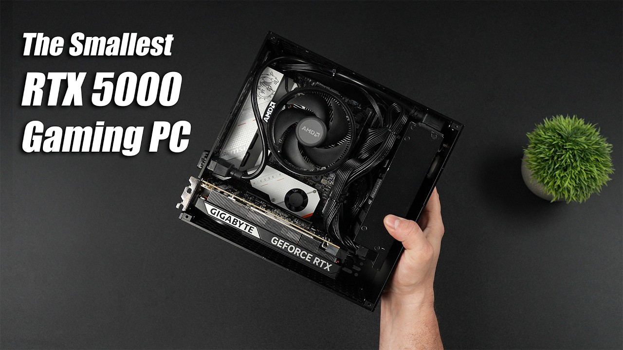 YouTube post by @ETAPRIME for Newegg. Caption reads: The Smallest RTX 5000 Mini Gaming PC You Can Build....