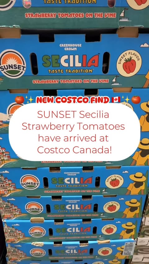 Instagram post by an influencer for SUNSET Produce. Caption reads: 🍅✨ NEW COSTCO FIND 🇨🇦✨🍅 ‌ @sunsetgrown Secilia....