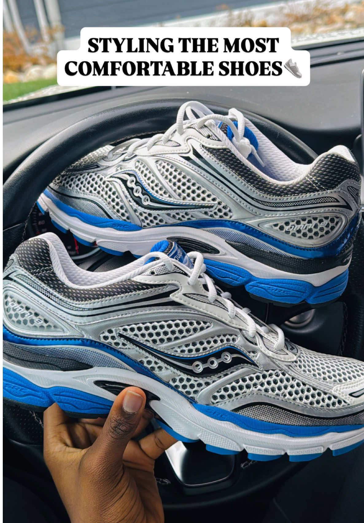 TikTok post by @mightbevicar for Saucony. Caption reads: Balancing comfort and style with the new Saucony....