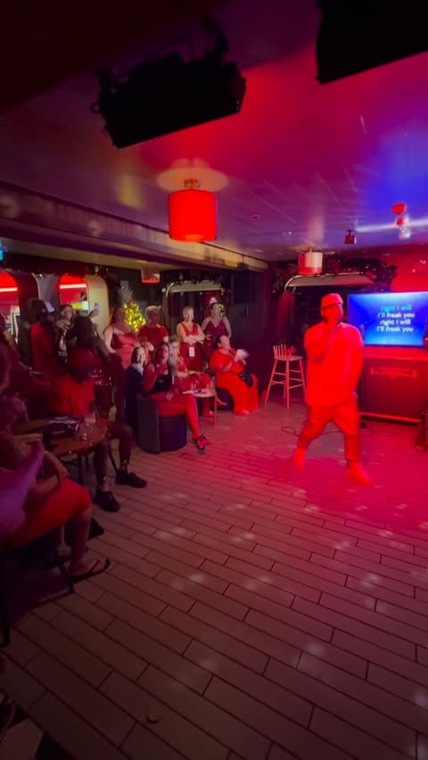 Instagram post by @gabelustman for Virgin Voyages. Caption reads: Did a lil karaoke last night on a cruise ship......
