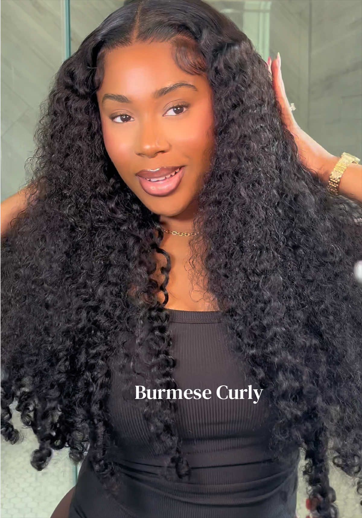 TikTok post by @jullekaren for Cheetah Beauty Hair Shop. Caption reads: [...] like Burmese curly!😍✨ 7x6 26” @Cheetah....