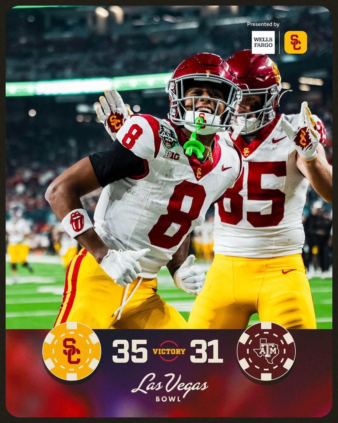 Instagram post by @allcfb for Wells Fargo. Caption reads: VEGAS BOWL CHAMPS 🏆
#FightOn | @wellsfargo.