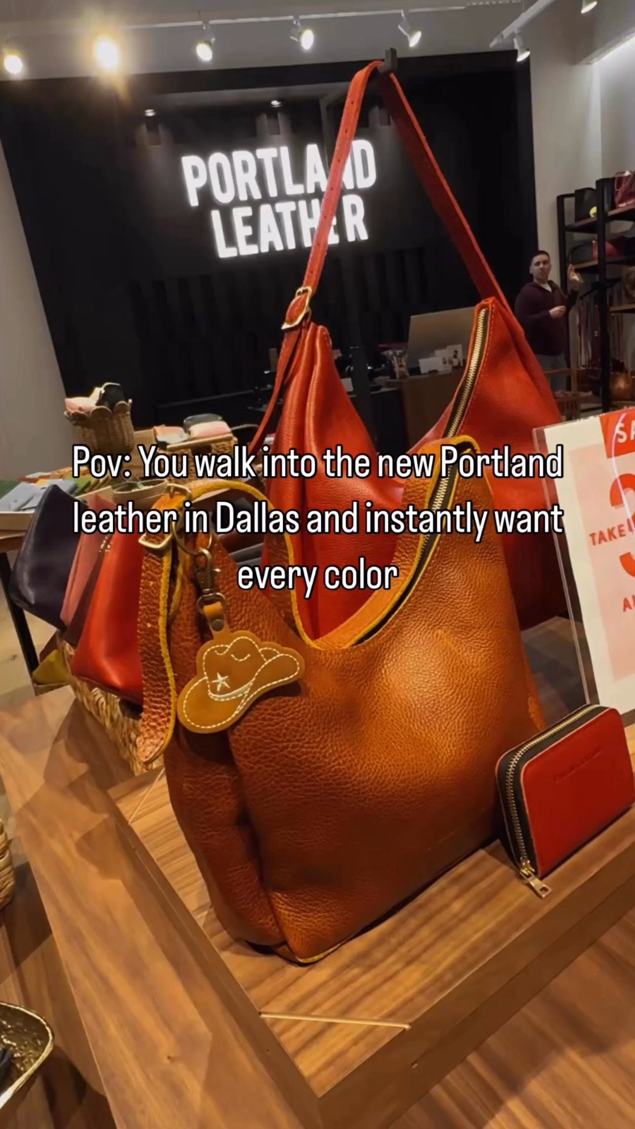 Instagram post by @jennna.marie__ for Portland Leather Goods. Caption reads: NOW OPEN at the Dallas Galleria and dangerously....