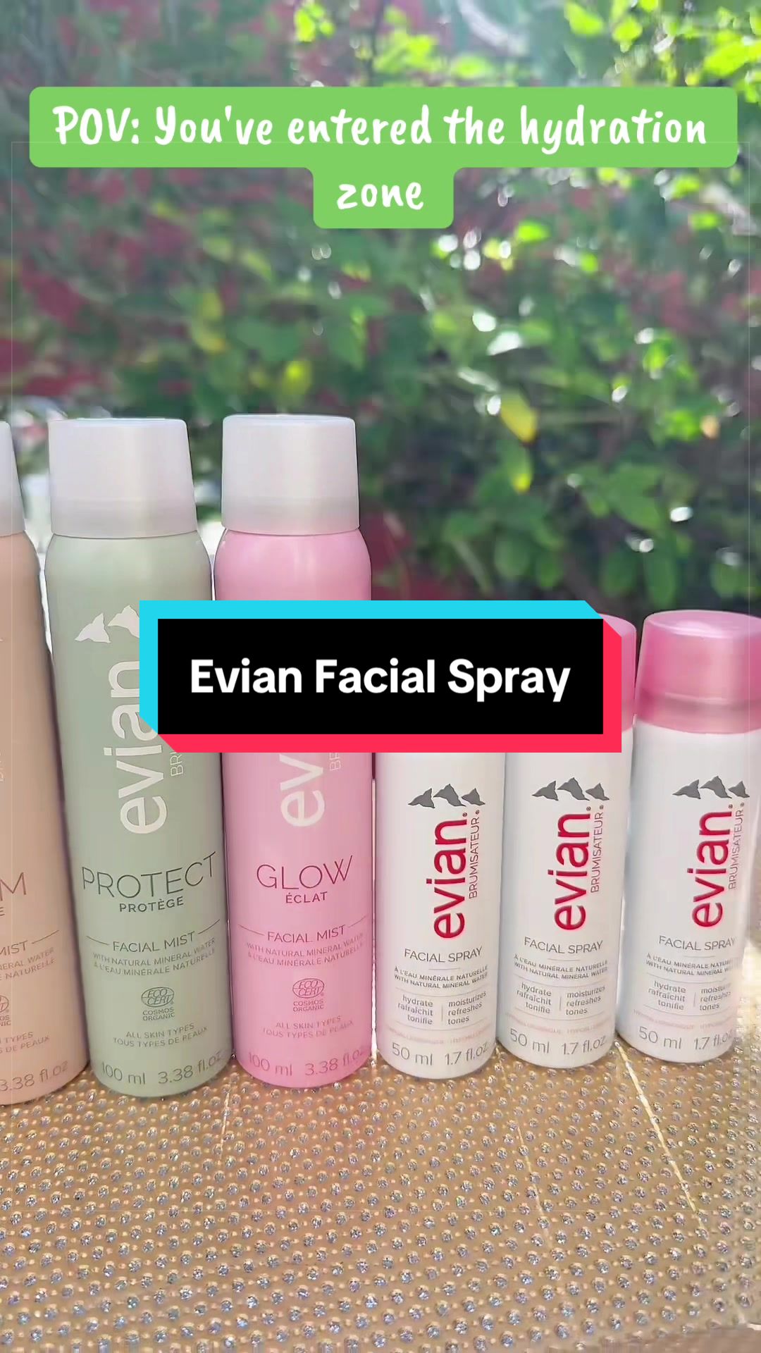 TikTok post by @shellyrio for Evian Facial Spray USA. Caption reads: On the go travel sized Evian Facial Spray Mist 💧....