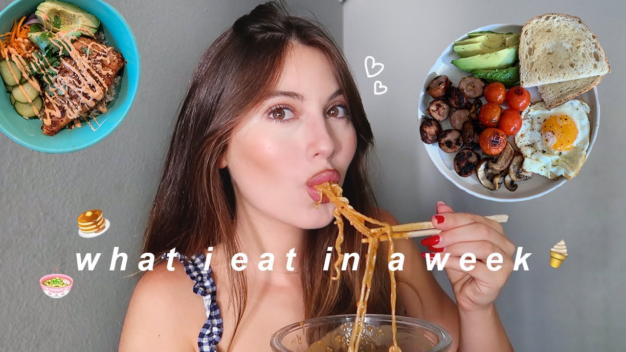 YouTube post by @SophiaKleo for Delish. Caption reads: what i eat in a week!! (realistic + busy week) 🍜.