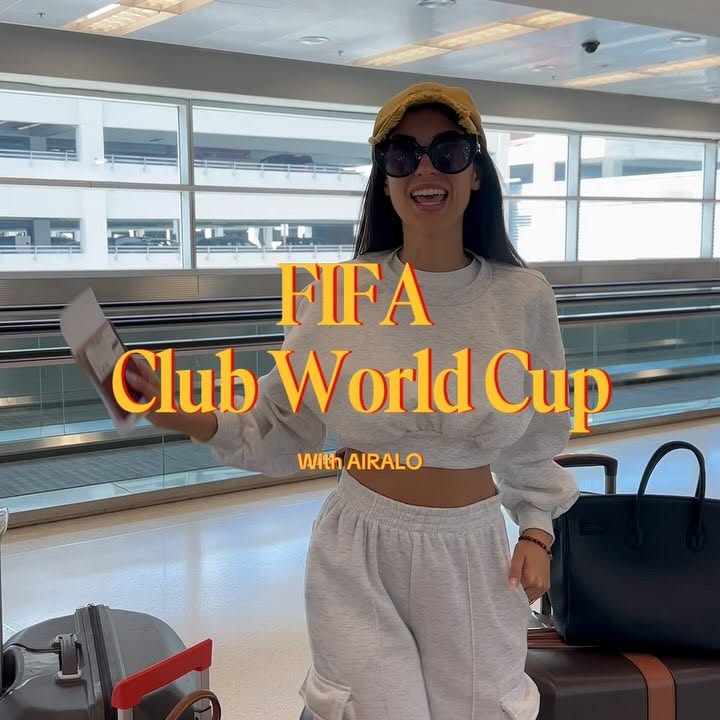 Instagram post by @eleonoraincardona for Airalo. Caption reads: Un mese in giro per l’America per la Fifa Club....