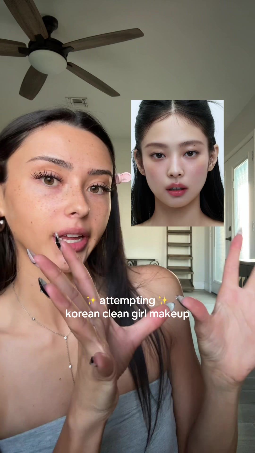 TikTok post by @kaylee.marina for DearDahlia. Caption reads: attempting Korean clean girl makeup ✨ #deardahlia....