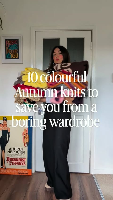 Instagram post by @lauradopamineoutfits for White Stuff. Caption reads: 10 colourful knits to save you from a boring....