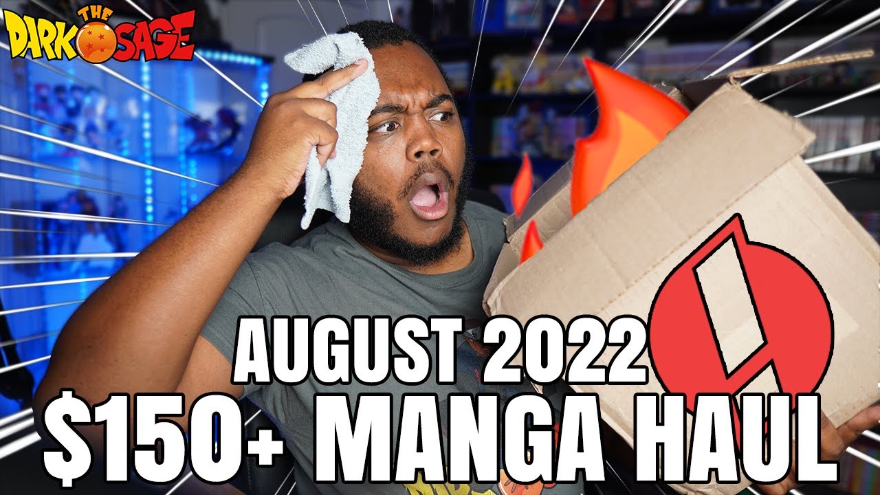 YouTube post by @TheDarkSage for The Otaku Box. Caption reads: $150+ MANGA HAUL From RightStufAnime (August 2022).