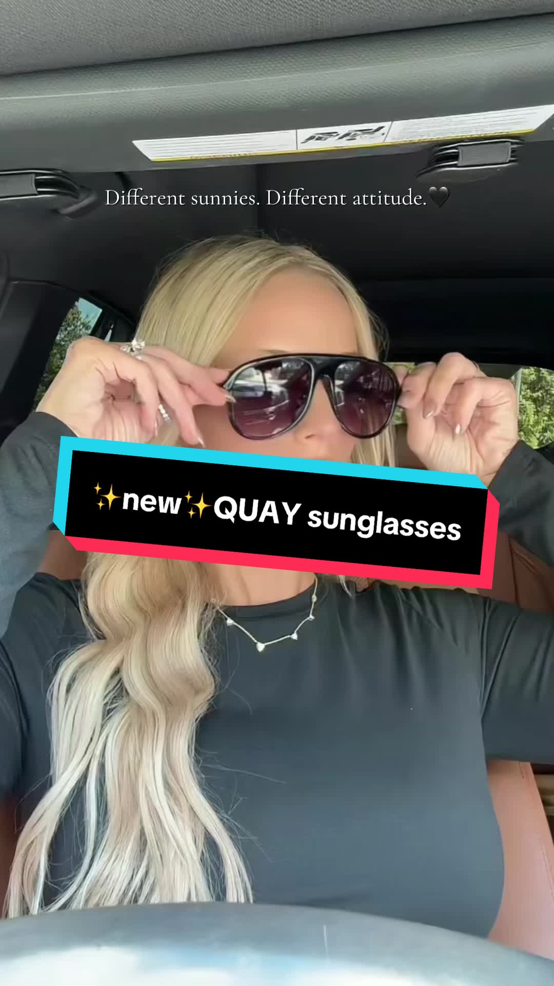 TikTok post by @jillnicole1111 for QUAY. Caption reads: [...] with THESE sunglasses!!!✨🖤@Quay #sunglasses....