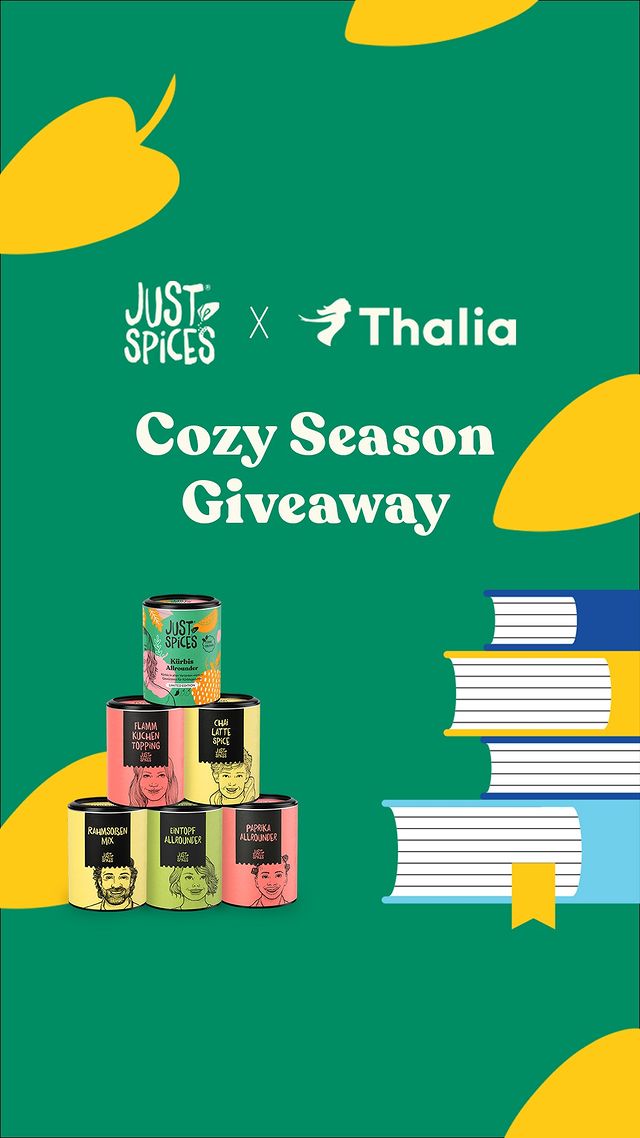 Instagram post by @thalia_buchhandlungen for justspices. Caption reads: 🎁COZY SEASON GIVEAWAY - JUST SPICES X....