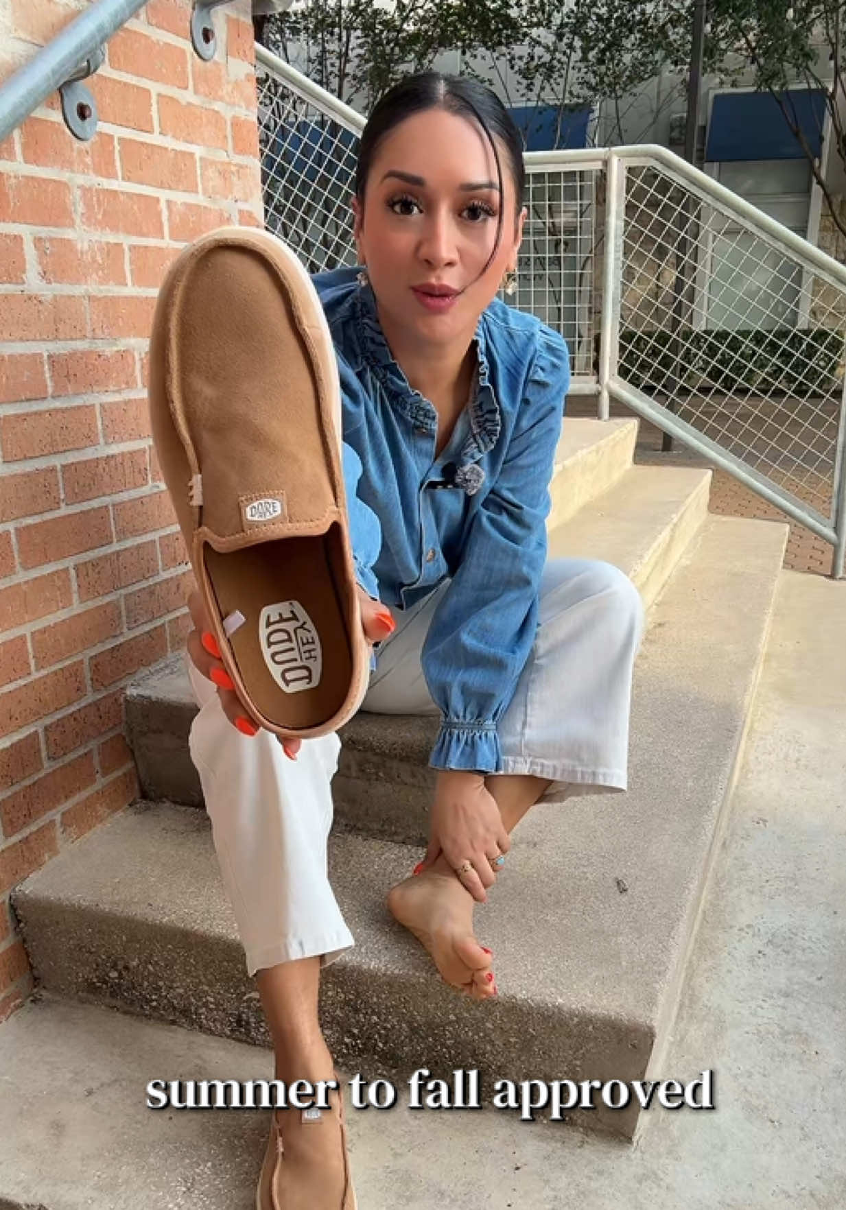 TikTok post by @roseannsjimenez for Hey Dude Shoes. Caption reads: [...] into fall 🍂 @HeyDude #sliponshoes....