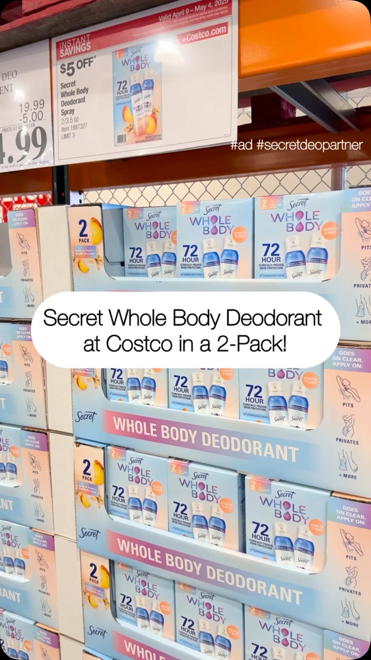 Instagram post by @costcohotfinds for Secret Deodorant. Caption reads: #ad #SecretDeoPartner NOW at Costco $5 OFF for....