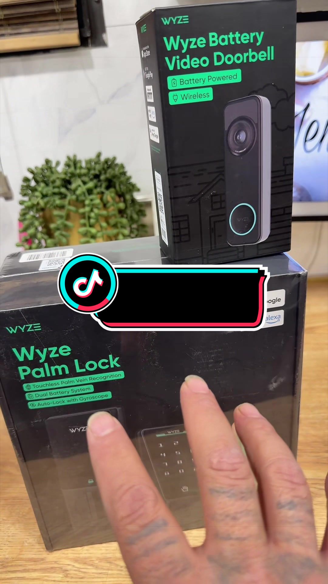 TikTok post by @lunastoys69 for Wyze. Caption reads: #wyzedoorbell #wyzepalmdoorlock #wyzesmarthome....