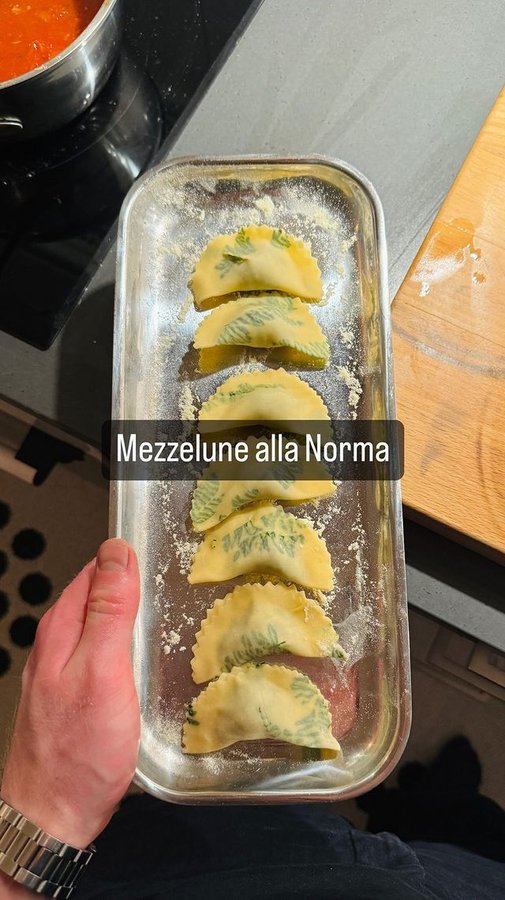 Instagram post by @christopherastrm for Ankarsrum. Caption reads: Mezzelune alla Norma

Serves 4 

Pasta Dough:....