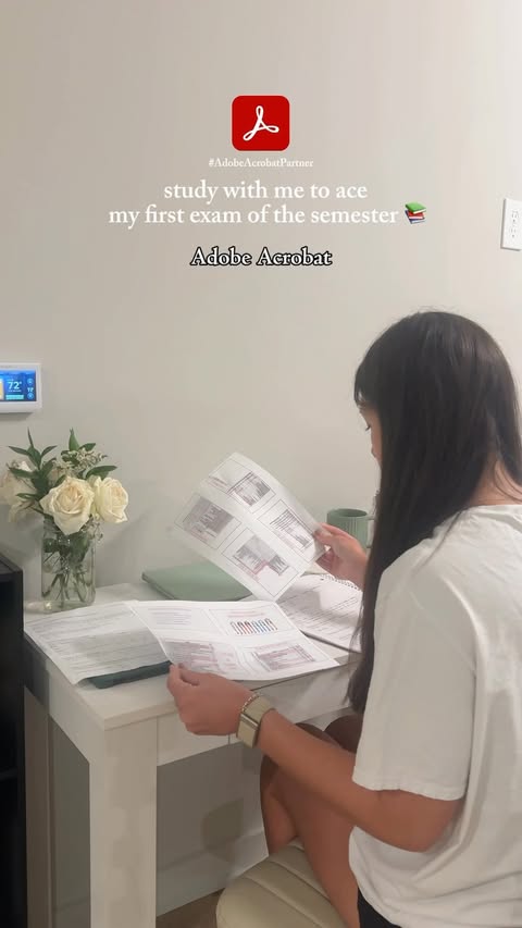 Instagram post by @victoria.varano for Adobe Acrobat. Caption reads: [...] less chaotic 📚✨ Student Spaces in Adobe....