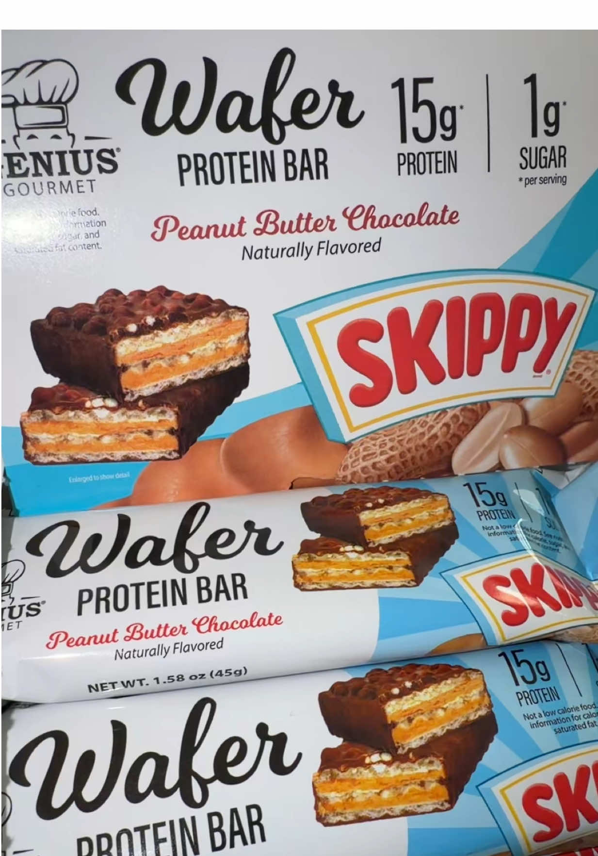 TikTok post by @mikeely5 for Genius Gourmet. Caption reads: @Genius Gourmet wager protein bar with Skippy....