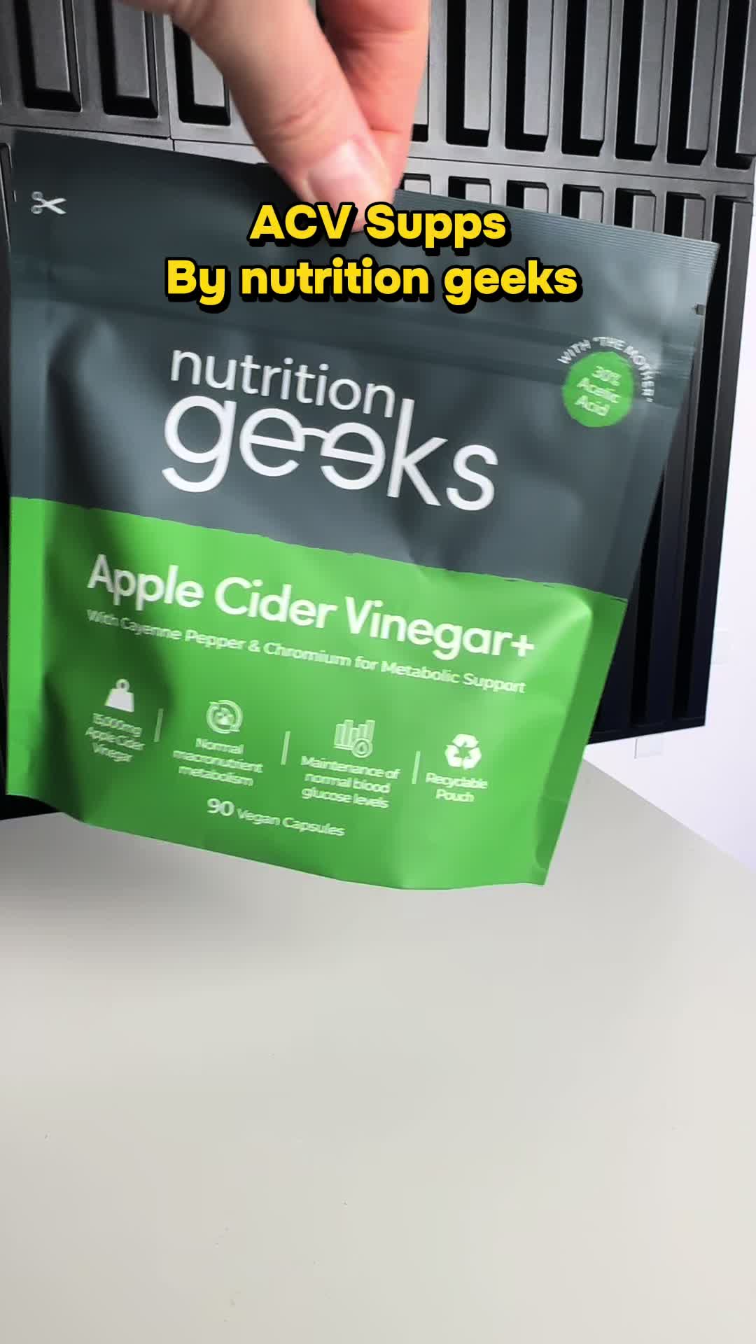 TikTok post by @bentleys_world1 for Nutrition Geeks. Caption reads: Nutrition Geeks Apple Cider Vinegar+ | 15,000mg....