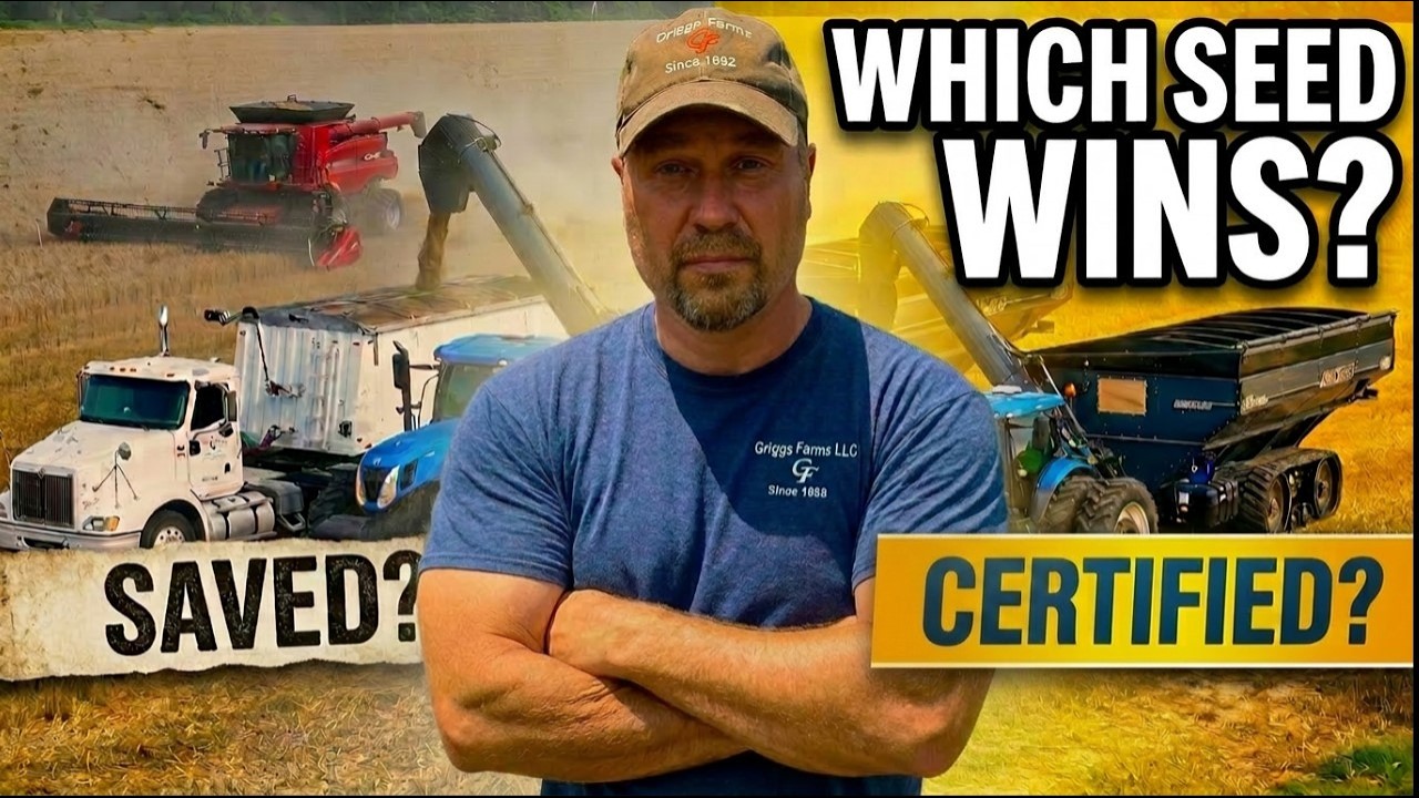 YouTube post by @griggsfarmsllc for Infraction Music. Caption reads: Does Planting Saved Wheat Seed Over Certified Seed....