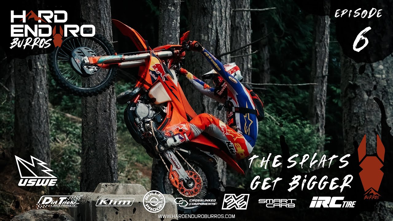 YouTube post by @HardEnduroBurros for USWE. Caption reads: Hard Enduro Burros - Episode 6 - The Splats Get....