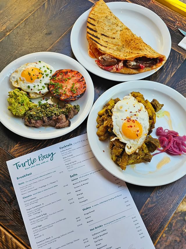 Instagram post by @food.lovers.blog for Turtle Bay Restaurants. Caption reads: Caribbean breakfast @turtlebayuk 🔥🇯🇲🔥 I've....