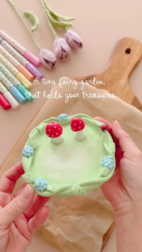 Instagram post by @mummy_and_my_three for ぺんてる. Caption reads: AD Fairy Garden Trinket dish craft 🧚🍄✨ This....