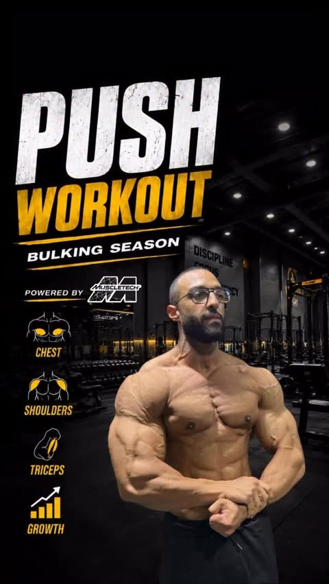 Instagram post by @yazeed_hassouna for MuscleTech. Caption reads: Powered by Muscletech ⚡️ . Push day in full....