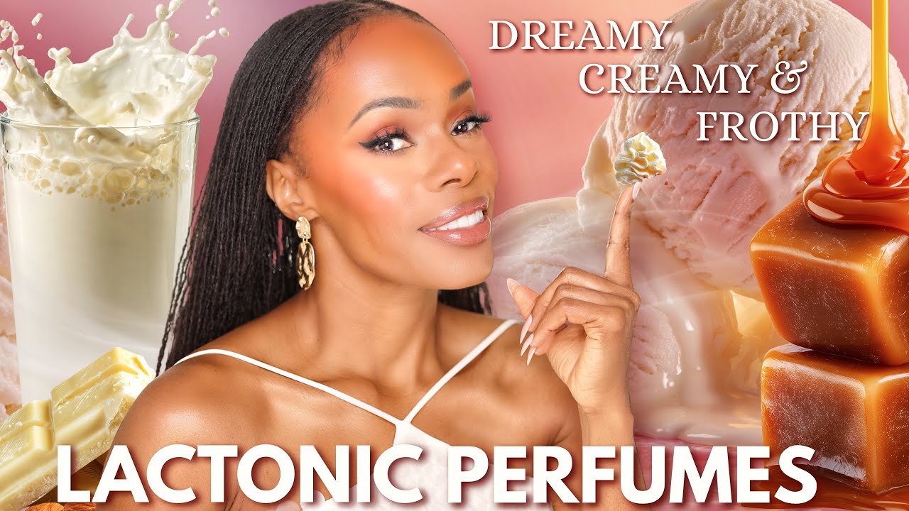 YouTube post by @SharidaM for Mercari. Caption reads: The Best LACTONIC Perfumes! Milky, Whipped Cream &....
