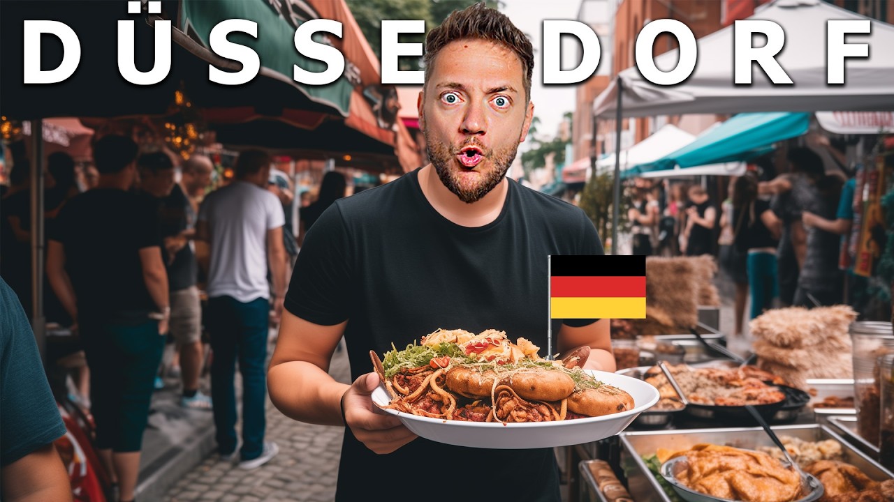 YouTube post by @DeanaandPhil for Lingoda. Caption reads: GERMAN STREET FOOD TOUR in Düsseldorf, Germany!.