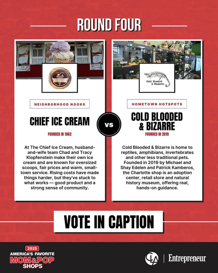 Instagram post by @coldbloodedandbizarre for Entrepreneur. Caption reads: It’s official! America’s Favorite Mom and Pop....