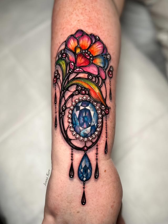 Instagram post by @jennakerrtattoo for Fkirons. Caption reads: Lovely Jamie had one of my pre drawn jewelled....