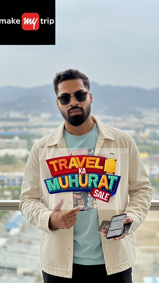 Instagram post by @jr.hardikpandyaa93 for MakeMyTrip. Caption reads: [...] trust me, nothing feels better....