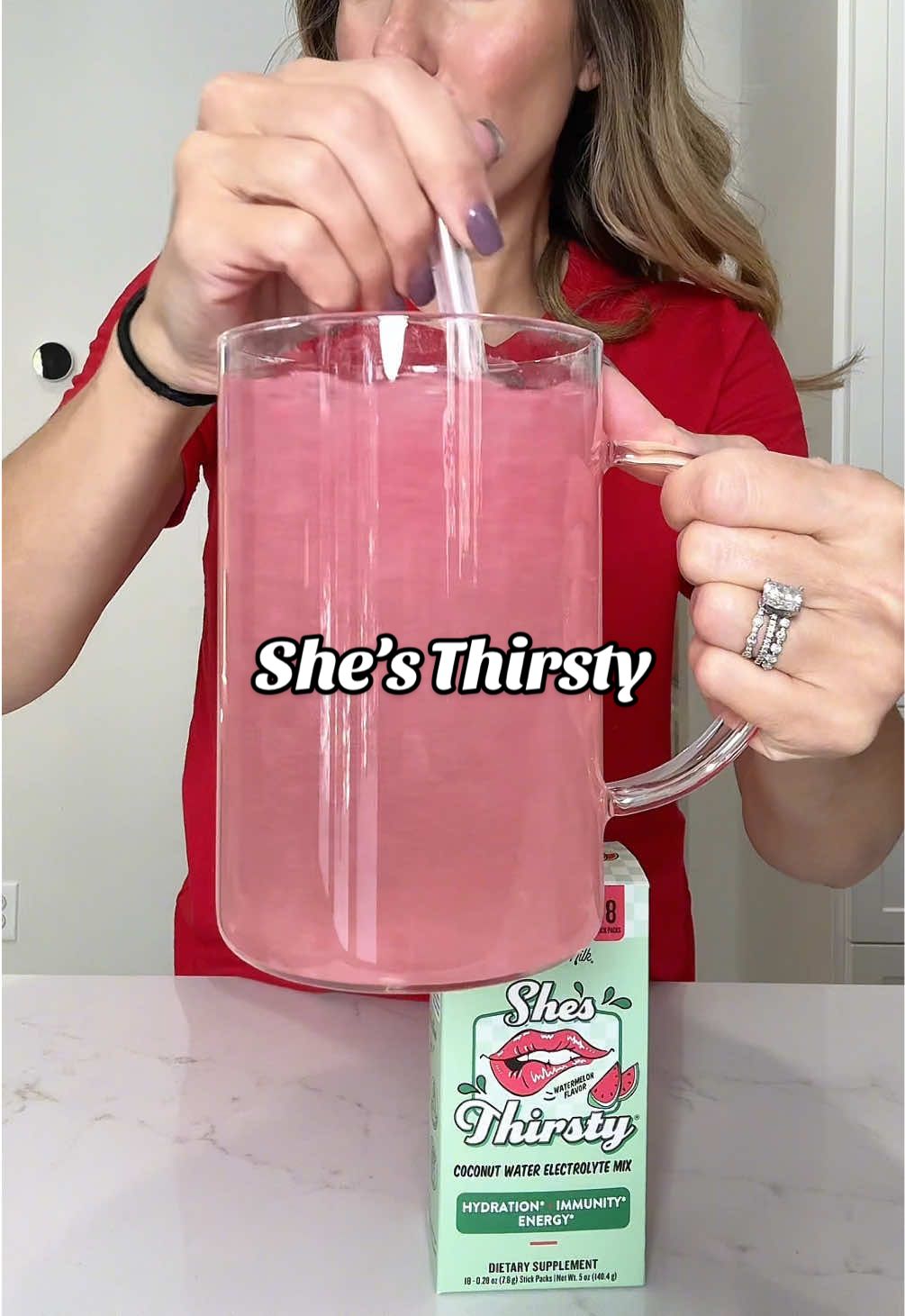 TikTok post by @countingthecoynes for Legendairy Milk. Caption reads: [...] life 💧 She’s Thirsty packets by Legendairy....