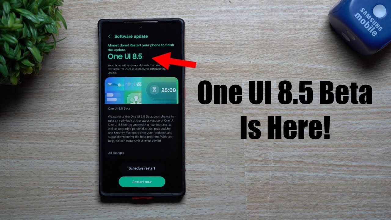 YouTube post by @jimmyispromo for MagBak. Caption reads: One UI 8.5 Beta: Sign Up Today! New Look & New....