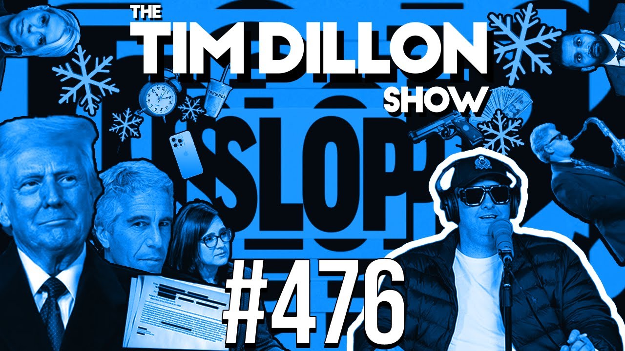 YouTube post by @TimDillonShow for Ridge. Caption reads: Epstein Docs & A Culture Of Slop | The Tim Dillon....