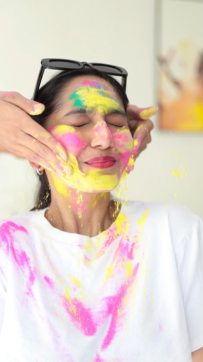 Instagram post by @dimpy.munparia for Nature’s Essence. Caption reads: #ad Post holi skincare with....