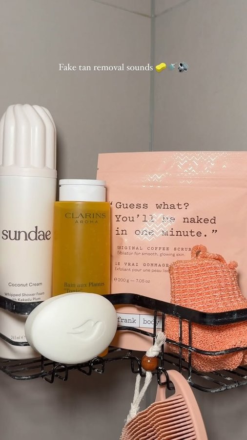 Instagram post by @youglowgrrl for Frank Body. Caption reads: Fake tan removal sounds 🧽🚿🔊

Products....