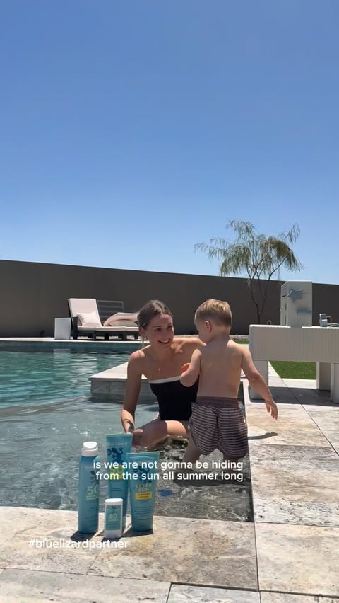 Instagram post by @justamomfriend for Blue Lizard Australian Sunscreen. Caption reads: So happy I found @bluelizardsunscreen for easy sun....