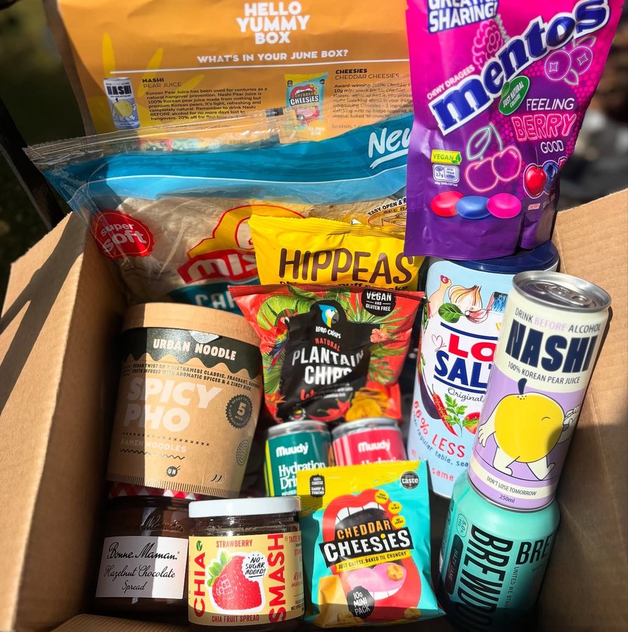 Instagram post by @kateatfood for Hello Yummy Box. Caption reads: June @helloyummybox.uk 📦 

This months Hello....