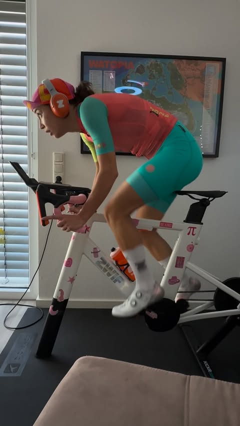 Instagram post by @piia_sophie for Zwift. Caption reads: Push that pedal 🎶🔥 Tour de Zwift racing =....