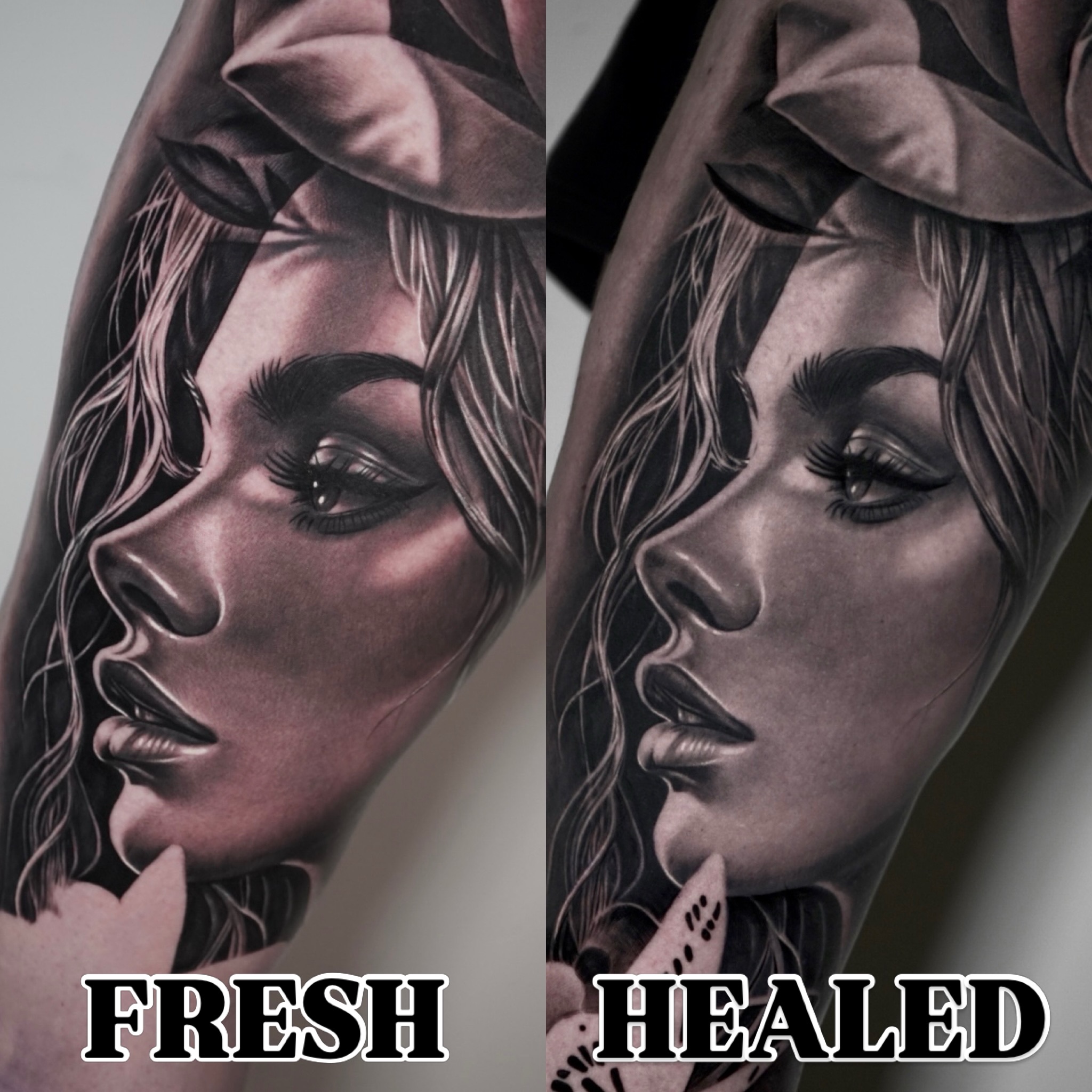 Instagram post by @studiotwo23 for Magnum Tattoo Supplies. Caption reads: FRESH VS HEALED (mostly!) Extra black added to the....