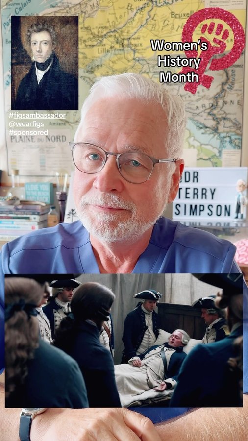 Instagram post by @drterrysimpsonmd for FIGS. Caption reads: [...] tea and listen to history. @wearfigs....