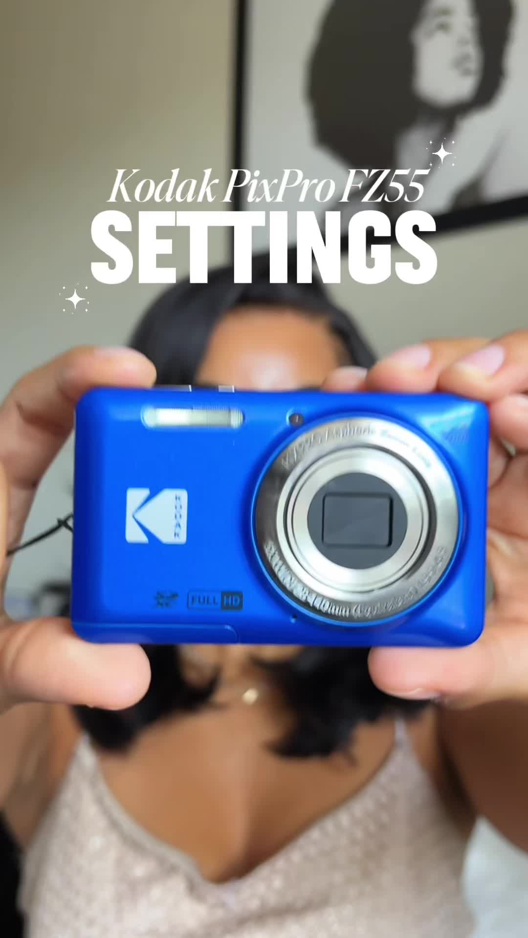 TikTok post by @sheree_denae for Kodak Photo Printer. Caption reads: my camera settings📸💕✨ Kodak PIXPRO fz55📷 @Kodak....