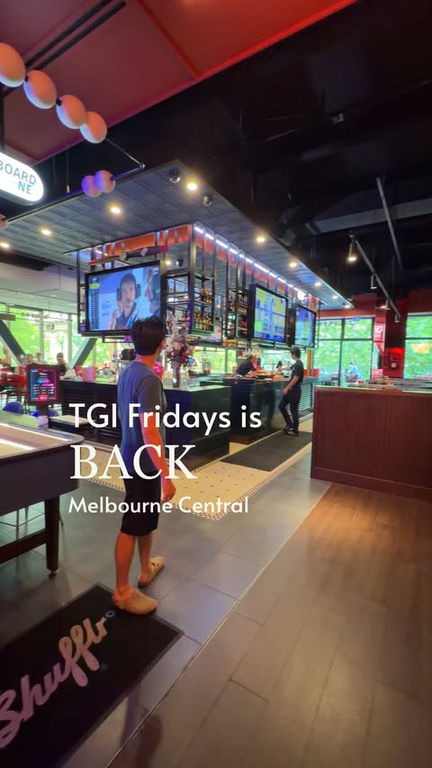 Instagram post by @2guys1city for TGI Fridays. Caption reads: @tgifridaysau Melbourne Central is officially BACK....