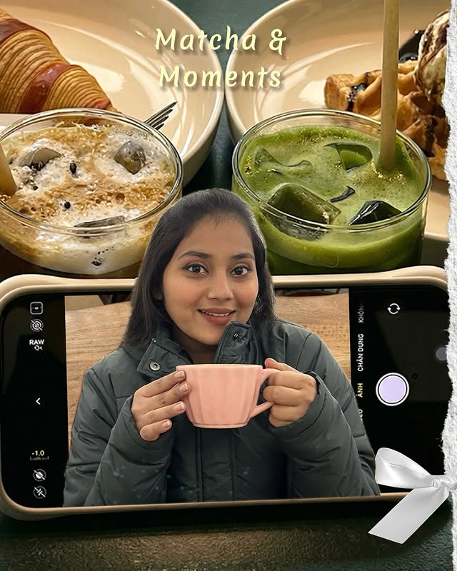Instagram post by @creator.divyaa for OPPO. Caption reads: Little joys, one cup at a time✨ ☕️....