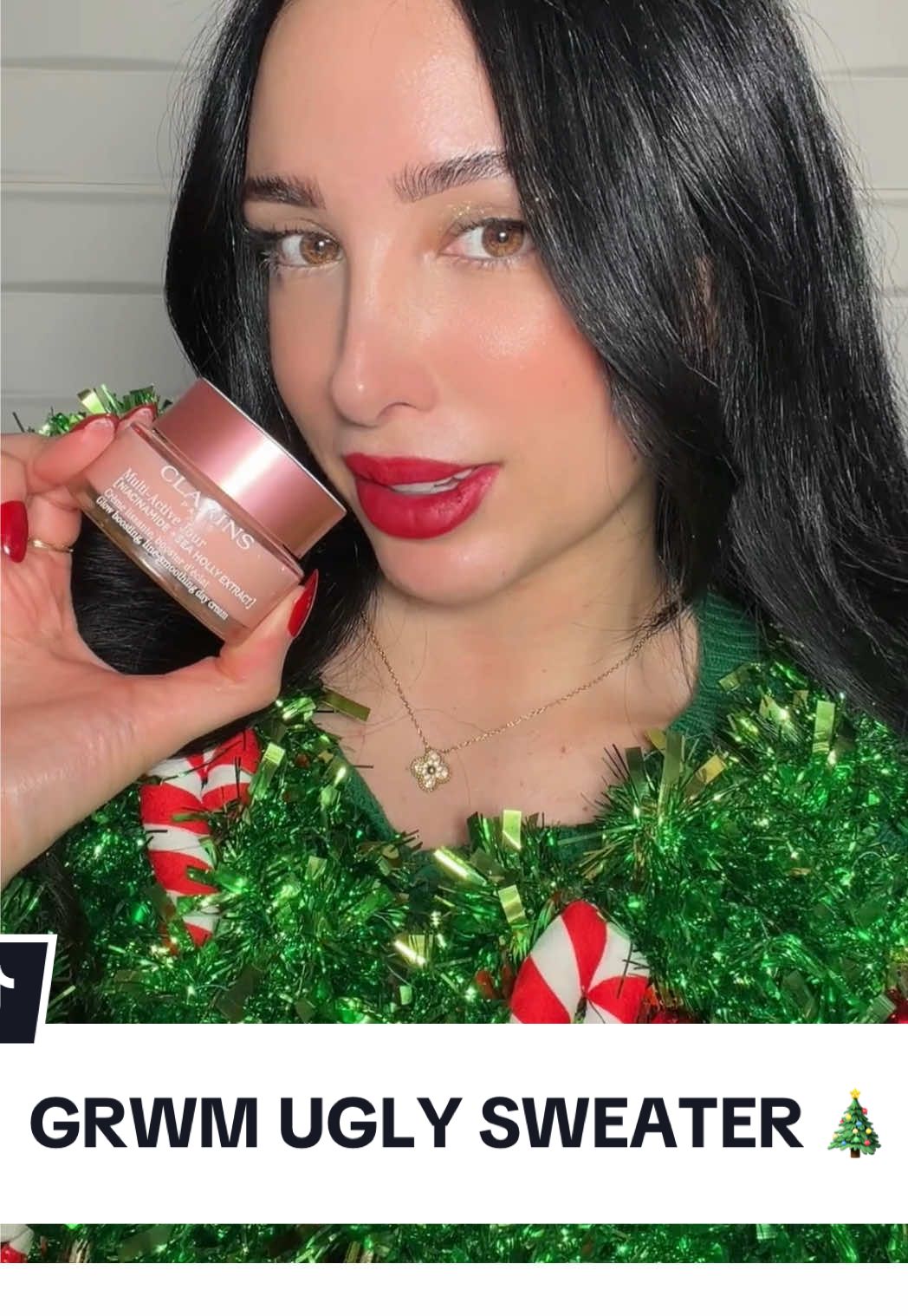 TikTok post by @mar.hacks for Bobbi Brown Cosmetics. Caption reads: simple glam, cozy vibes @Clarins USA ✨🤍🎄....